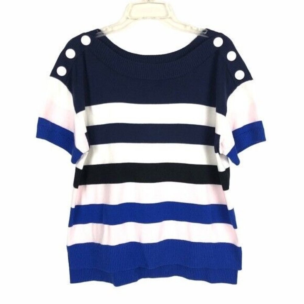 Cabi Stripe Sailor Pullover Sweater Blouse Size M Blue & White Short Sleeve Knit